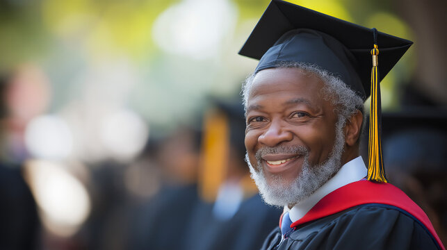 Mature African-American male professor attending college graduation, faculty formal attire concept
