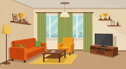 A flat illustration of a simple living room with an orange sofa, a yellow armchair, a wooden coffee table and a modern TV on a stand