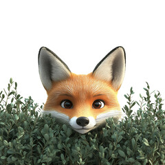 Obraz premium 3D Cartoon Fox Peeking From Behind Bush Isolated on White Background