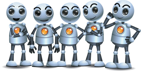 3D illustration of a little robot worker standing in group   on isolated white background
