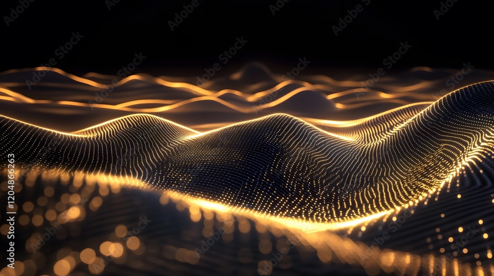 Poster dynamic golden wave patterns abstract visualization digital art dark environment close-up view conce