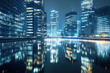 Fototapeta premium Night cityscape reflection in a tranquil water, modern architecture, illuminated skyscrapers, urban scene.