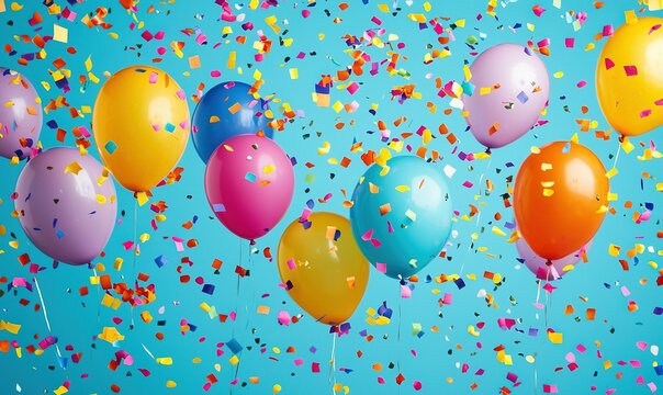 Colorful balloons and confetti falling against a vibrant blue backdrop, ideal for celebrations