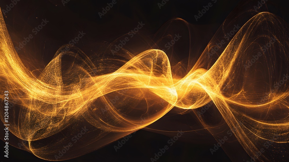 Poster dynamic flow of golden light waves abstract art digital creation dark background wide perspective en