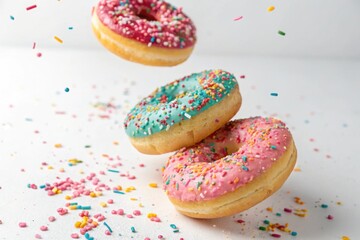 Three Colorful Donuts with Sprinkles in Mid-Air Against a White Background