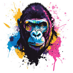 illustration of gorilla face design with bright paint splashes isolated on transparent background, PNG, design for t-shirt mockup, Ai generated images