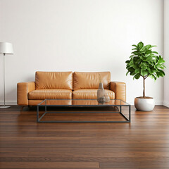 modern living room with sofa. A living room with a couch, coffee table, and potted plant.