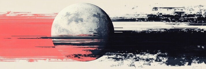 Abstract minimalist painting of the moon and sky, in black, white, and red.