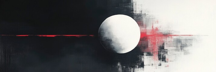 Abstract minimalist painting of the moon and sky, in black, white, and red.