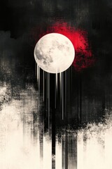 Abstract minimalist painting of the moon and sky, in black, white, and red.