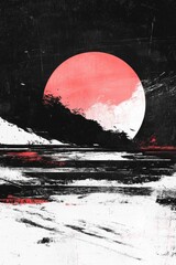 Abstract minimalist painting of the moon and sky, in black, white, and red.