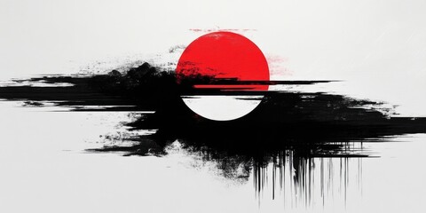 Abstract minimalist painting of the moon and sky, in black, white, and red.
