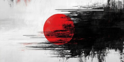 Abstract minimalist painting of the moon and sky, in black, white, and red.