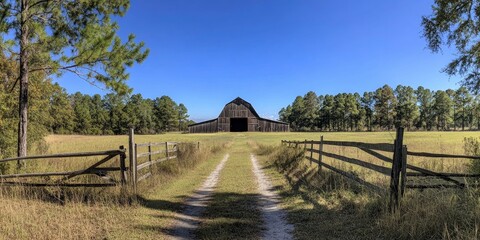 An old barn in the distance, surrounded by trees and tall grasses on both sides of an open field with a dirt road leading up to it. The sky is clear and blue. A wooden fence surrounds the area.