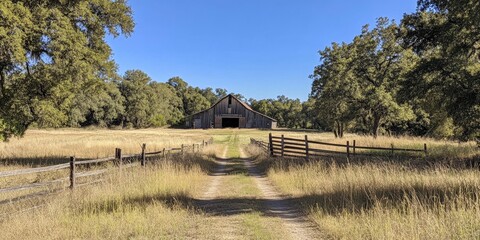 An old barn in the distance, surrounded by trees and tall grasses on both sides of an open field with a dirt road leading up to it. The sky is clear and blue. A wooden fence surrounds the area.