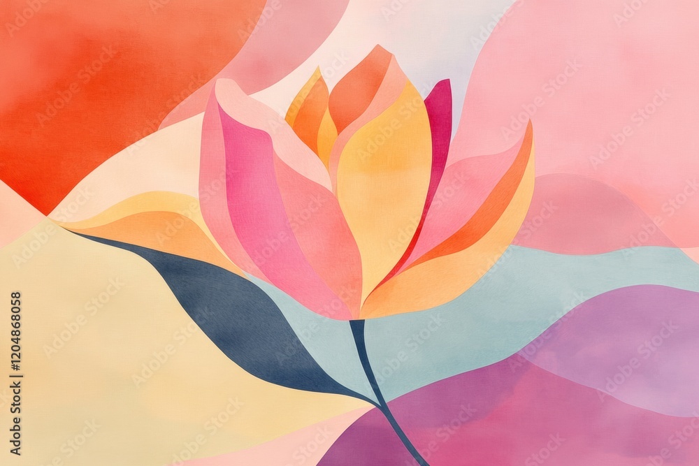 Poster brightly colored abstract flower design with soft pastel hues and flowing shapes in a modern artisti