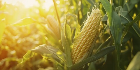 yellow corn on corn field, blur sunlight background