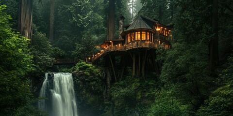 A treehouse nestled in the heart of an ancient forest, surrounded by towering trees and a cascading waterfall. The lush, green landscape is illuminated by warm lighting.