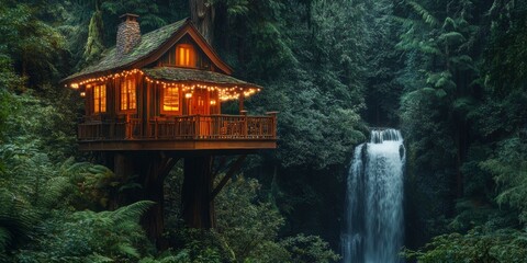 A treehouse nestled in the heart of an ancient forest, surrounded by towering trees and a cascading waterfall. The lush, green landscape is illuminated by warm lighting.