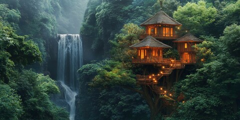 A treehouse nestled in the heart of an ancient forest, surrounded by towering trees and a cascading waterfall. The lush, green landscape is illuminated by warm lighting.