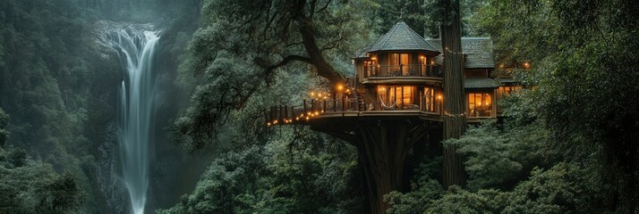 A treehouse nestled in the heart of an ancient forest, surrounded by towering trees and a cascading waterfall. The lush, green landscape is illuminated by warm lighting.
