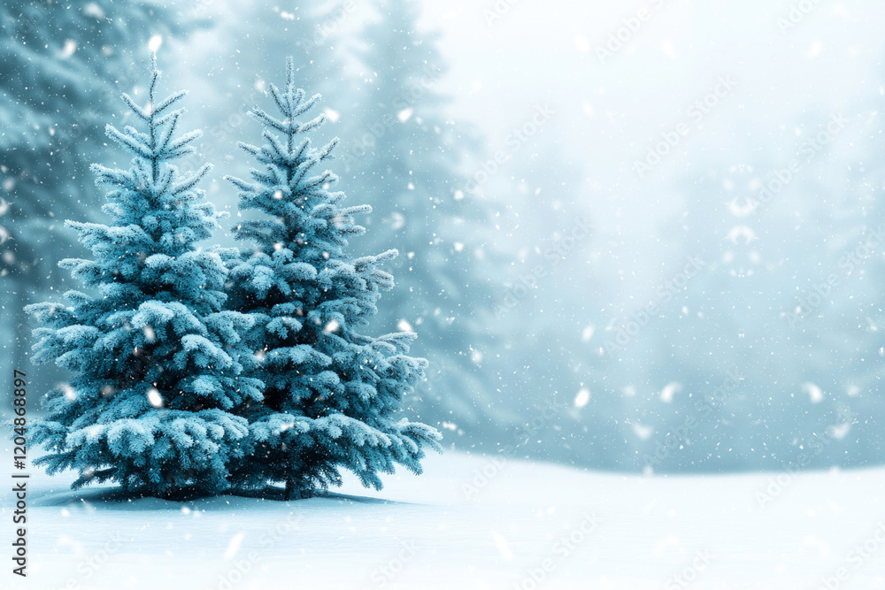 Poster snowy evergreen trees in winter landscape with gentle falling snowflakes and soft background blur