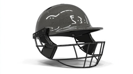 Gray cricket helmet, score 53-1, white background, studio shot, sports equipment