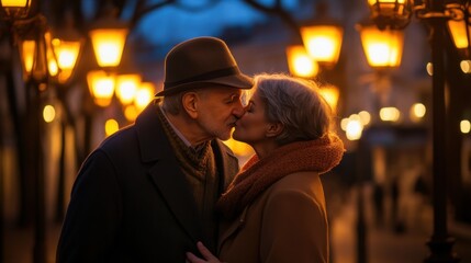 Obraz premium Romantic Evening Kiss Under Lanterns in a Charming Street Scene