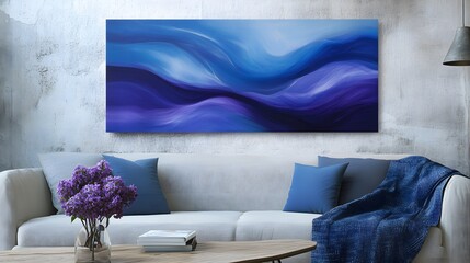 Abstract blue waves artwork modern living room canvas wall art contemporary home eye-level serenity and calmness