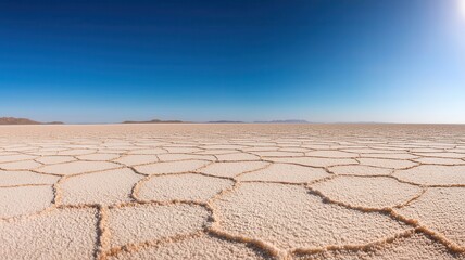 Fototapeta premium No people scenery focus concept. Expansive salt flats beneath a clear blue sky, showcasing unique cracked patterns and a serene landscape.