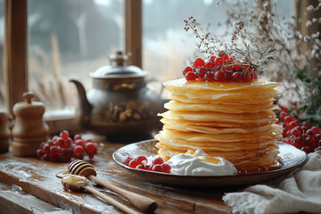 Traditional Russian pancakes (blini) served for Maslenitsa. The image features a stack of golden pancakes paired with honey, sour cream, and berries, surrounded by rustic, festive elements.