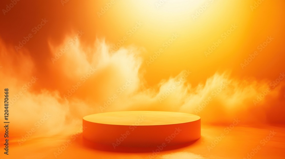 Poster warm atmospheric scene with circular platform and soft clouds