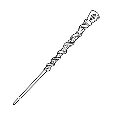 The magic wand made from wood with beautiful classical carvings. Thin line illustration.