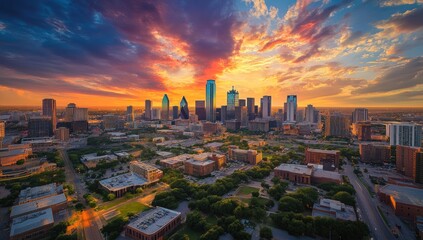 Obraz premium Dallas Skyline Sunset Panorama: Breathtaking Aerial View of Texas Cityscape at Golden Hour