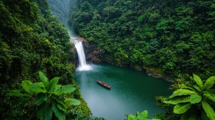 No people scenery focus concept. Lush green rainforest surrounds a tranquil waterfall and serene river, with a small boat gently floating on the water.