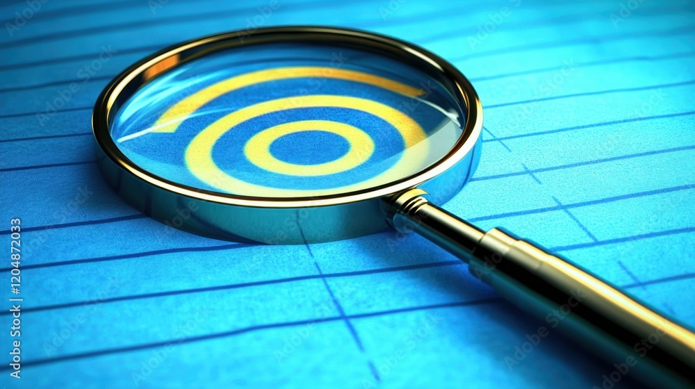 Poster magnifying glass over blue lines with circular patterns on paper