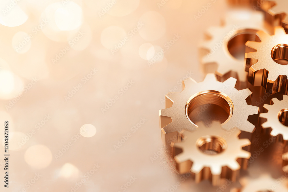 Aufkleber close-up view of shiny golden gears on abstract soft background with bokeh effect