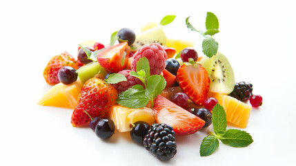 Fresh fruit salad with vibrant colors and mint leaves, perfect for summer. This delightful mix includes strawberries, raspberries, kiwi, and more, evoking refreshing and healthy vibe