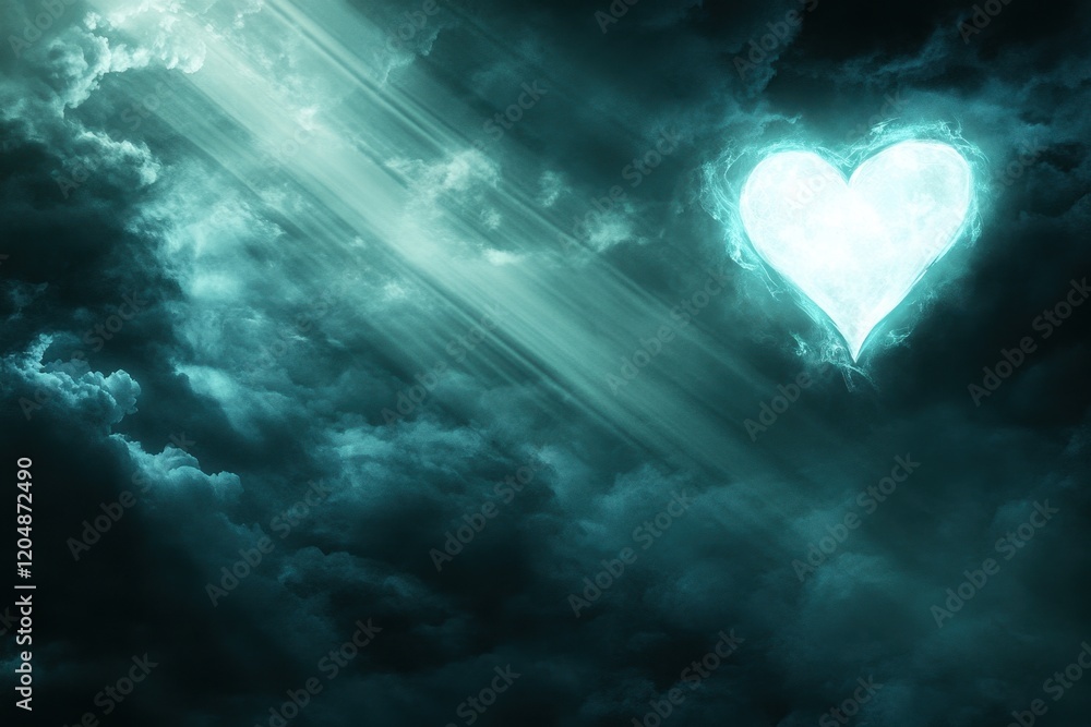 Poster dark and stormy sky with ethereal heart shape illuminated by rays of light surrounded by dramatic cl