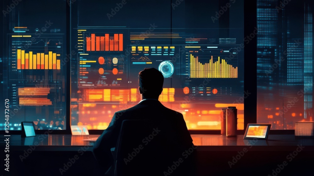 Poster a business professional analyzes data against a backdrop of glowing graphs and charts in a futuristi
