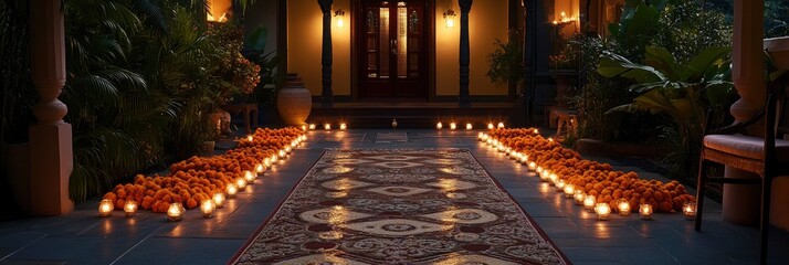 A beautifully decorated entrance to the villa, with marigolds and candles arranged in intricate patterns on the floor, creating an inviting atmosphere for guests.