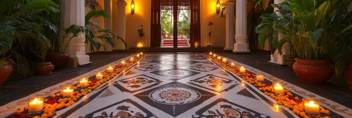 A beautifully decorated entrance to the villa, with marigolds and candles arranged in intricate patterns on the floor, creating an inviting atmosphere for guests.