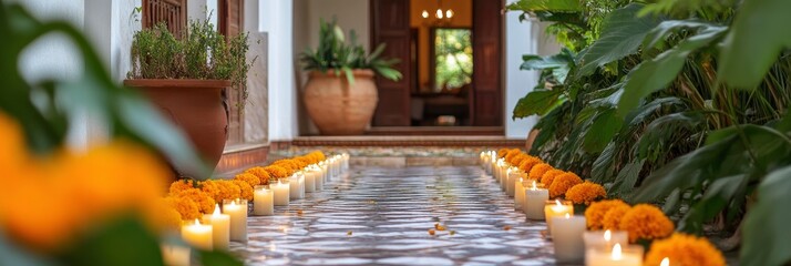 A beautifully decorated entrance to the villa, with marigolds and candles arranged in intricate patterns on the floor, creating an inviting atmosphere for guests.