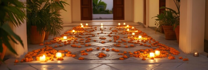 A beautifully decorated entrance to the villa, with marigolds and candles arranged in intricate patterns on the floor, creating an inviting atmosphere for guests.