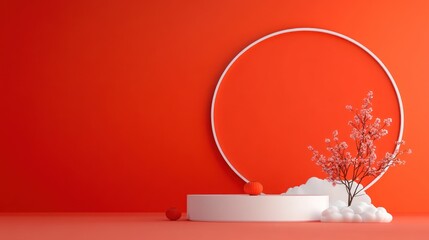 Chinese Lunar New Year Podium with Asian Design Elements and Lanterns for Festive Offerings