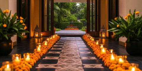 A beautifully decorated entrance to the villa, with marigolds and candles arranged in intricate patterns on the floor, creating an inviting atmosphere for guests.
