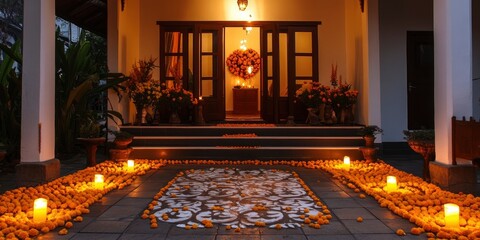 A beautifully decorated entrance to the villa, with marigolds and candles arranged in intricate patterns on the floor, creating an inviting atmosphere for guests.