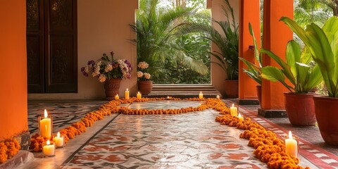 A beautifully decorated entrance to the villa, with marigolds and candles arranged in intricate patterns on the floor, creating an inviting atmosphere for guests.