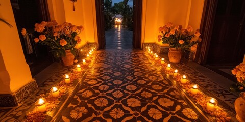 A beautifully decorated entrance to the villa, with marigolds and candles arranged in intricate patterns on the floor, creating an inviting atmosphere for guests.