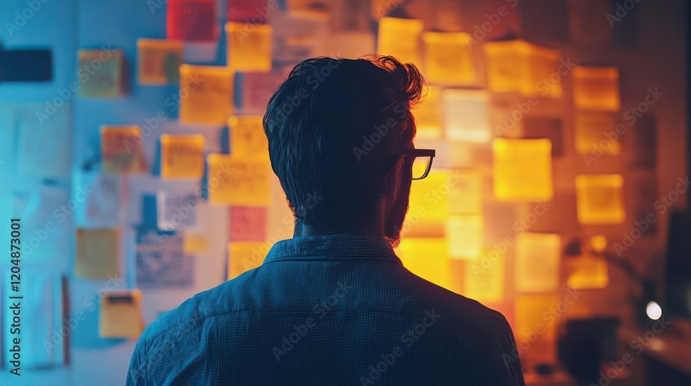 Poster a person stands in front of a wall covered with colorful sticky notes, deep in thought, illuminated 